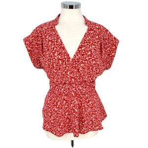 Monteau Floral Cap Sleeve Peplum V-neck Blouse Red White Size XL